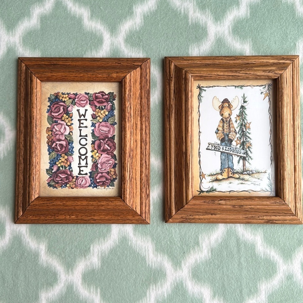 Two vintage country cottage B&B themed art Prints in solid oak frames
